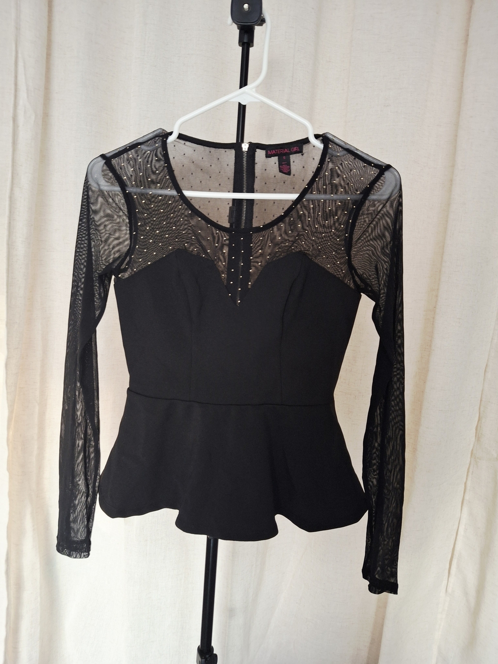Material Girl Black Mesh Peplum Long-Sleeve Top